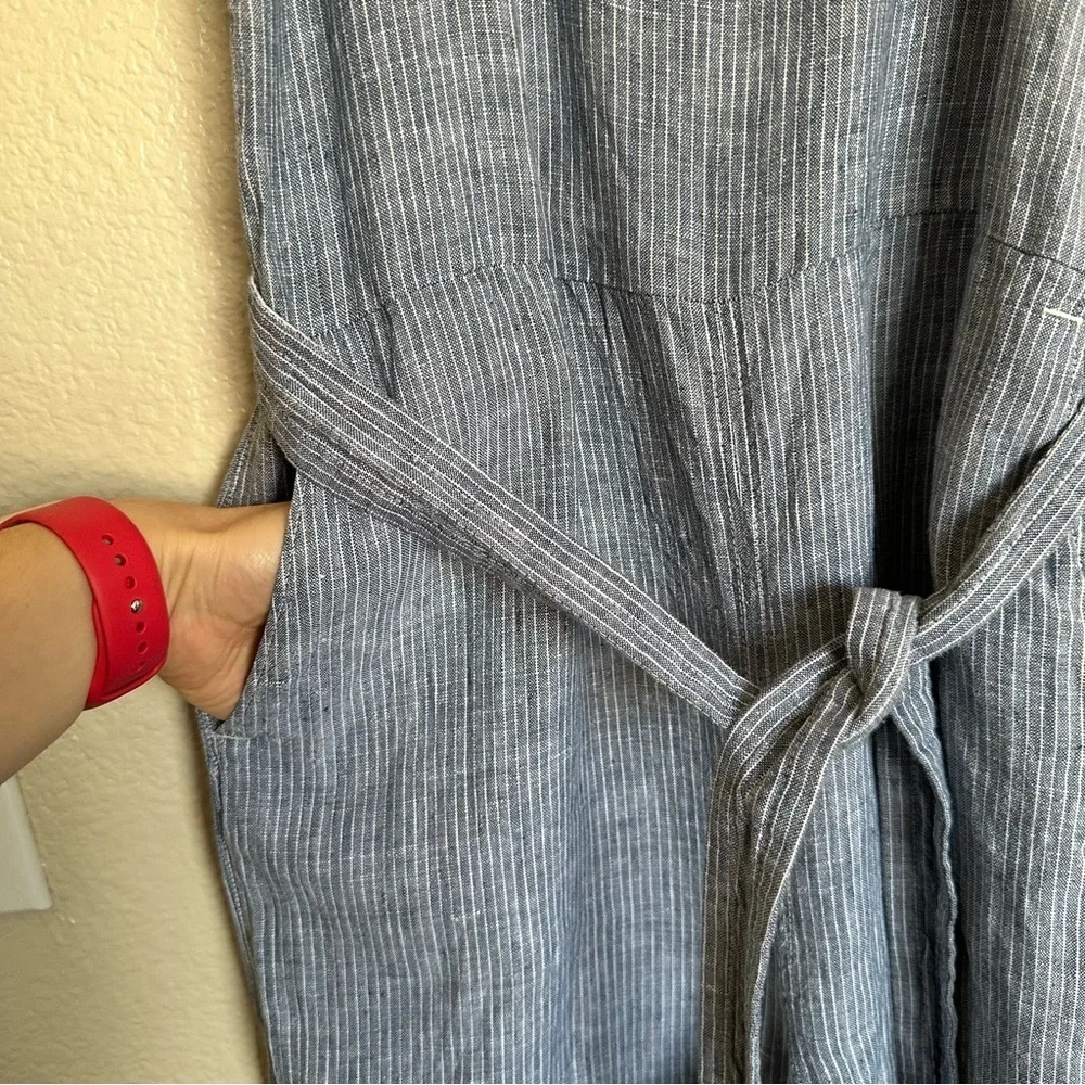 EVERLANE The Linen Side-button Blue White Straight Leg Jumpsuit Size 2